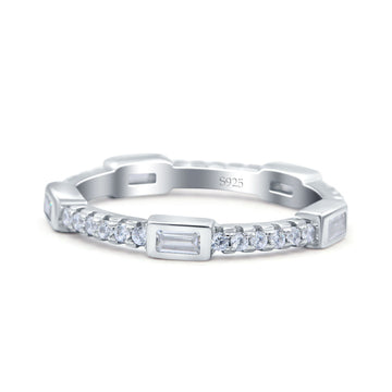 Full Eternity Ring Wedding Engagement Band Baguette Round Simulated Cubic Zirconia 925 Sterling Silver
